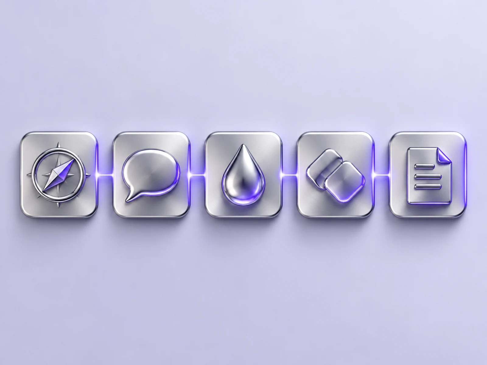 Five metallic pieces representing strategy, naming, visual system, brand guidelines and applications.