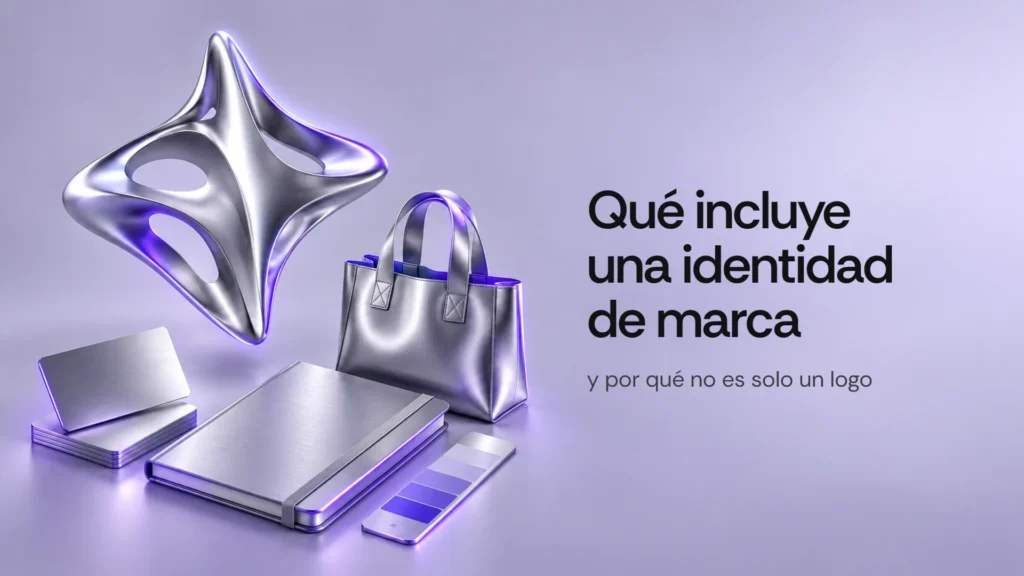 Monograma metálico sobre piezas de una identidad de marca: tarjeta, libreta y muestras de color.