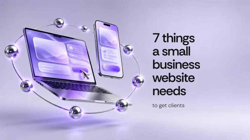 Metallic laptop and phone with violet screens, surrounded by seven spheres that represent the seven points of a website that converts.