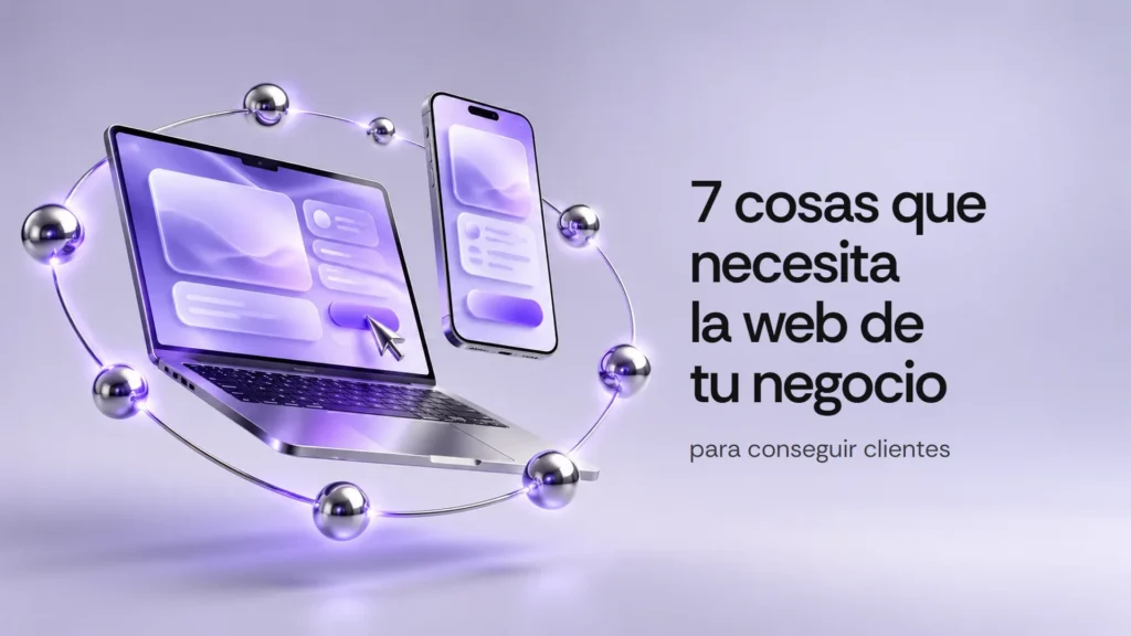 Portátil y móvil metálicos con pantallas violeta, rodeados de siete esferas que representan los siete puntos de una web que convierte.