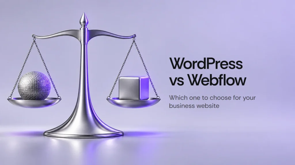 Metallic balance scale with a sphere and a cube, representing the choice between two web platforms.