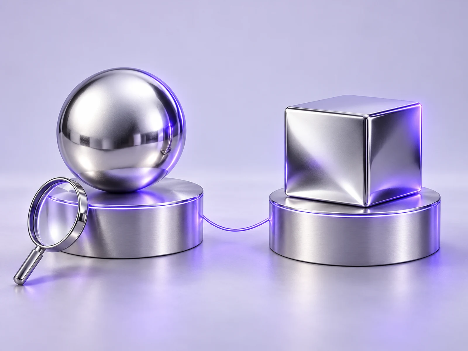Two metallic pedestals with a sphere and a cube joined by a violet line.